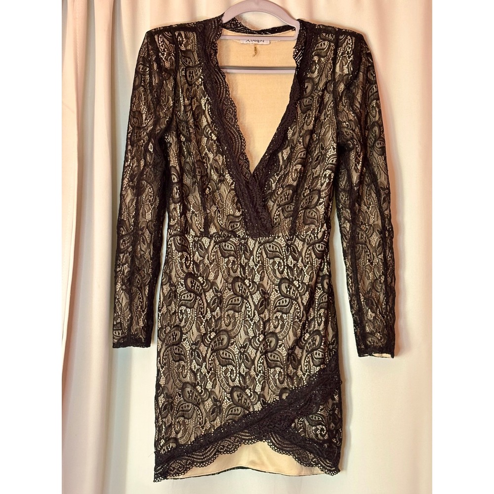 Xtaren Black Lace V-Neck Mini Dress Long Sleeve Witchy Gothic XA13493 Medium